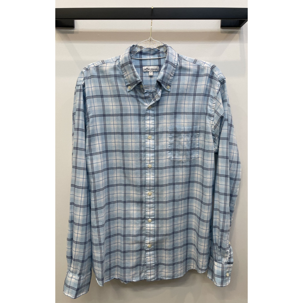 Peter Millar Button Down Shirt Men L Blue Plaid Cotton Classic Fit Golf Casual
